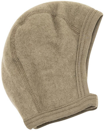 Lilano Wollfrottee-Plüsch-Erstlingsmütze zum Binden im Uni-Look aus Merinowolle - Khaki