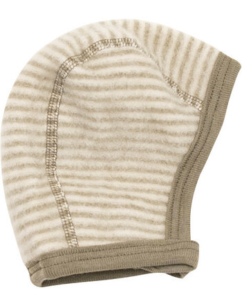 Lilano Wollfrottee-Plüsch-Erstlingsmütze zum Binden im Ringel-Design aus Merinowolle - Khaki/Natur