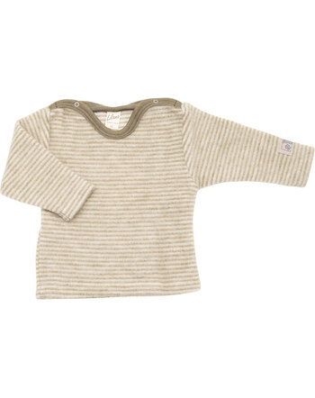 Lilano Wollfrottee-Plüsch-Langarmshirt im Ringel-Design aus Merinowolle - Khaki/Natur