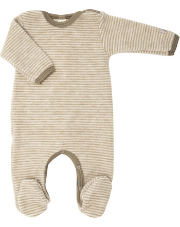 Lilano Wollfrottee-Plüsch-Strampler im Ringel-Design aus Merinowolle - Khaki/Natur