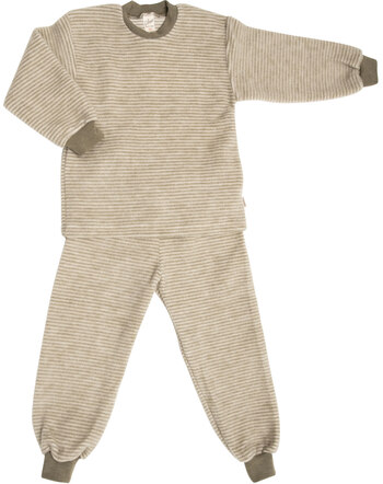 Lilano Wollfrottee-Schlafanzug-Set im Ringel-Design aus Merinowolle - Khaki/Natur