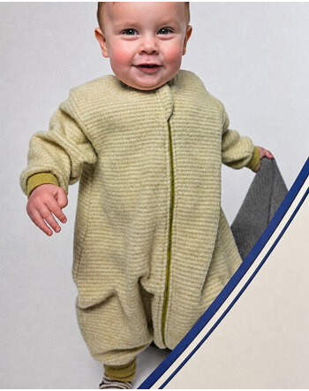 Lilano Wollfrottee-Plüsch-Schlafsack mit Füßen im Ringel-Design aus Merinowolle - Kiwi/Natur