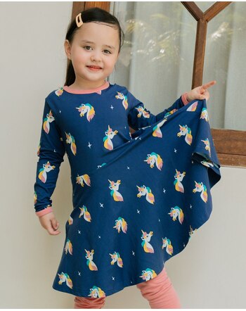 Maxomorra Kleid aus Baumwolle mit Einhörnern UNICORN - Blau