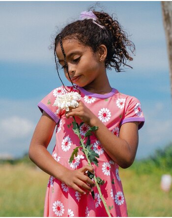 Maxomorra Kleid mit weitem Rock Kurzarm FLOWERS - Pink