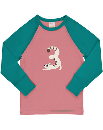 Maxomorra Langarmshirt aus Baumwolle mit Zahl 3 KATZE - Rosa/Türkis