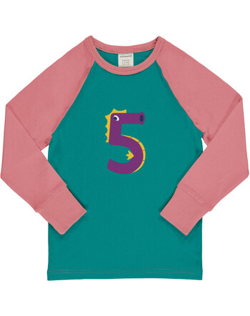 Maxomorra Langarmshirt aus Baumwolle mit Zahl 5 SEEPFERDCHEN - Türkis/Rosa