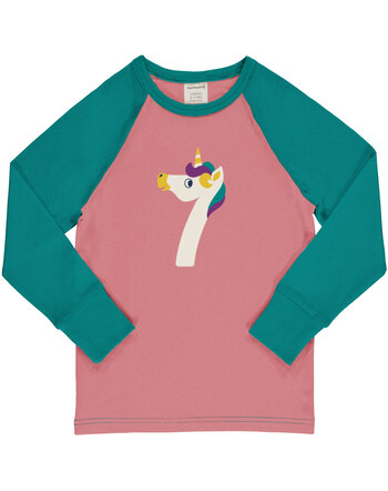 Maxomorra Langarmshirt aus Baumwolle mit Zahl 7 EINHORN - Rosa/Türkis