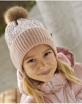 Minymo Strickmütze mit Bommel und Pailetten - Misty Rose