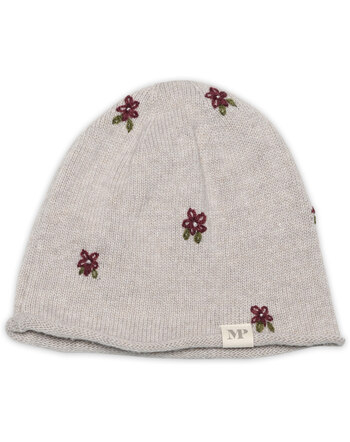 MP Denmark Beanie/Mütze 'Helsinki' mit Blumen-Stickereien aus Merino/Viskose/Kaschmir - Beige Melange