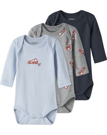 Name it Baby-Langarmbodys im 3er-Pack aus 100 % Baumwolle mit Feuerwehrautos NBMBODY - Grey Melange