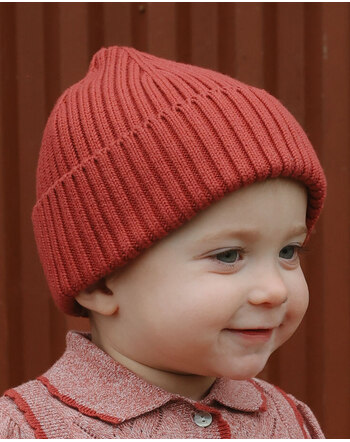 Petit Piao Beanie/Mütze mit Umschlag in Rippstrick-Struktur aus 100 % Baumwolle - Rose Brown