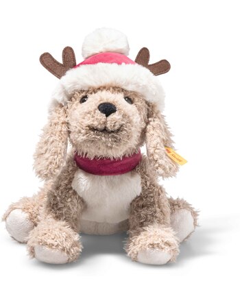 Steiff Hund 'Rudy' mit Weihnachtsmütze und Halsband 27 cm - Beige