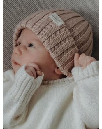 Strickgut Baby-Mütze gerippt aus Merinowolle - Puder