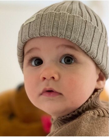 Strickgut Baby-Mütze gerippt aus Merinowolle - Beige