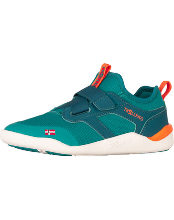 Trollkids Barfußschuh 'Sirdal Hiker Mid' mit Klettverschluss & 100% vegan - Sea Green/Lagoon Green/Sahara Sunset