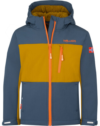 Trollkids Winter-Softshelljacket mit Kapuze BERGSFJORD - Bronze/Mystic Blue/Flame Orange