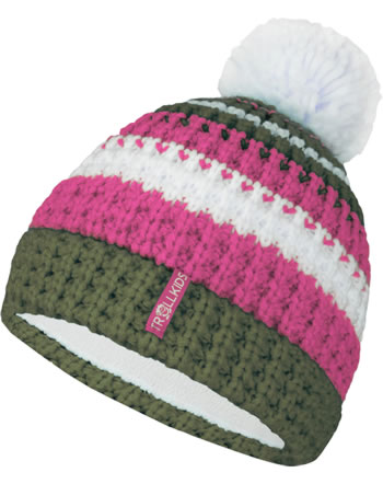 Trollkids Knitted Hat Girls HALLINGDAL Bobble Cap dusky olive/magenta
