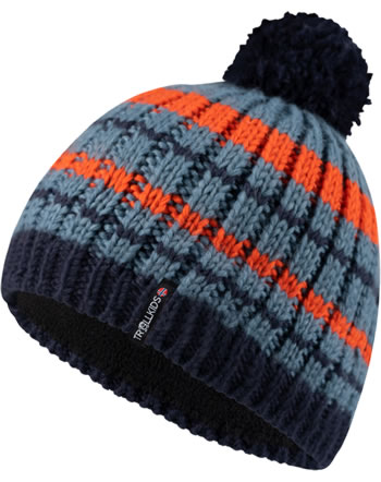 Trollkids Knitted Hat Kids HAFJELL Bobble Cap steel blue/navy/burnt orange